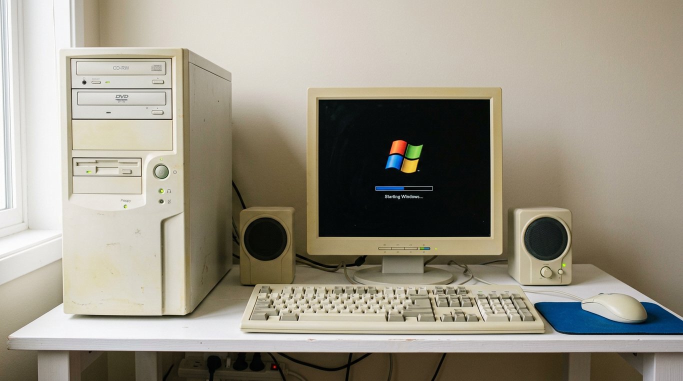 Computador de mesa antigo com monitor LCD, teclado e mouse. Na tela, o sistema operacional Windows XP.