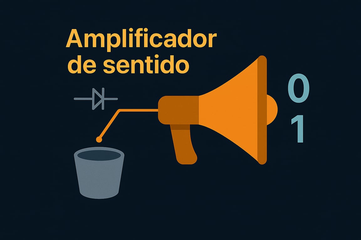 Ilustração em fundo escuro sobre amplificador de sentido. Uma energia fraca de um balde é amplificada, resultando em 0 ou 1.