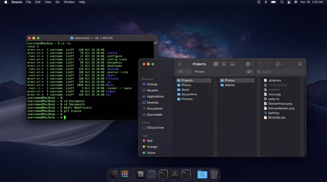Interface do macOS em modo escuro, exibindo a barra de menus superior, o Dock inferior e uma janela do Finder aberta com ícones de pastas e arquivos, além do terminal aberto ao lado.
