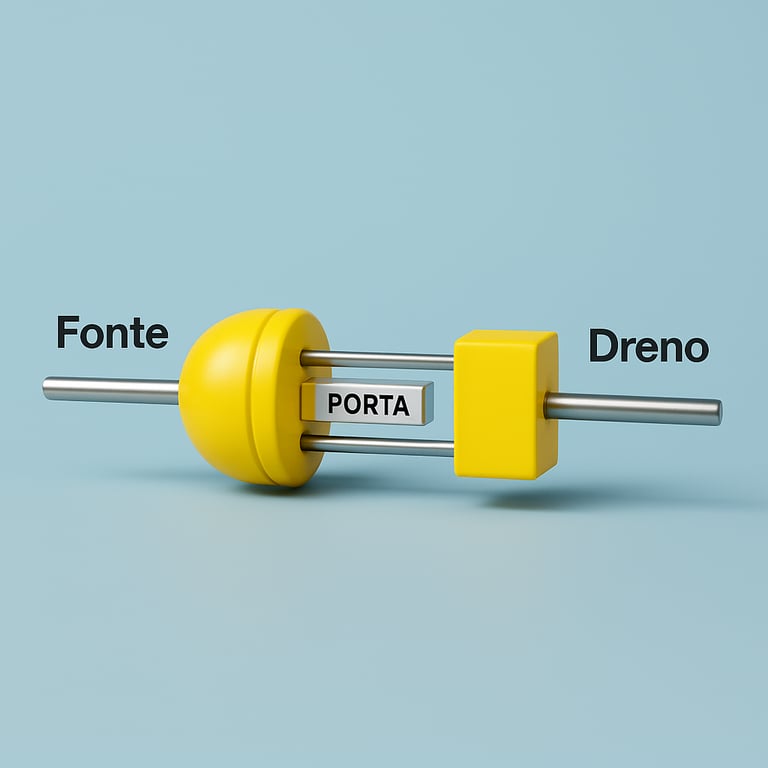 Uma representação simplificada de um transistor com três partes amarelas, a Fonte, a Porta e o Dreno conectadas por uma barra prateada.