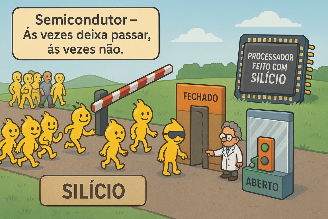 Ilustração de um portão eletrônico controlando a passagem de raios de energia sobre um chão de silício, simbolizando o funcionamento de um semicondutor.