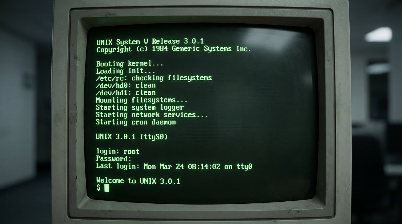 Monitor CRT antigo exibindo uma tela de terminal clássica com texto verde em um fundo escuro, mostrando o processo de inicialização e login de um sistema UNIX.