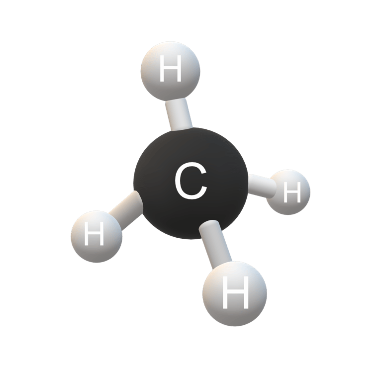 uma molécula de metano, C H 4. Uma esfera central preta, ligada a quatro esferas brancas menores, dispostas em uma formação tetraédrica.