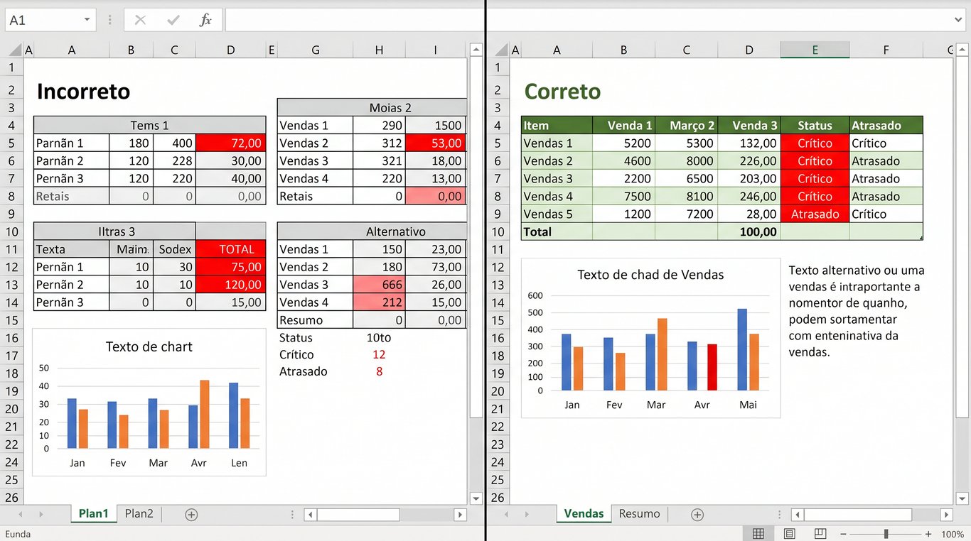 Comparativo em planilha: o método incorreto exibe múltiplas tabelas fragmentadas, linhas em branco para layout e status dependentes apenas de cor. O método correto consolida os dados em uma única tabela estruturada, combina cor e texto para status, e fornece texto alternativo visível para o gráfico.