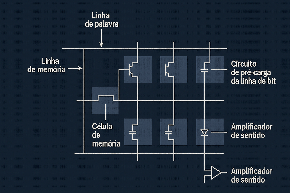 Ilustração que mostra o funcionamento da memória RAM, com baldes (capacitores) e portinhas (transistores) que guardam e leem informações, além de linhas de memória e amplificadores de sinal.