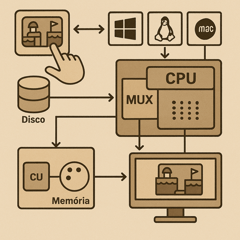 Ilustração que mostra as etapas para abrir o jogo no computador descritas acima. A imagem mostra um toque na tela, a interação com o Disco e a Memória, o processamento pela CPU (incluindo MUX), e a saída visual no monitor.