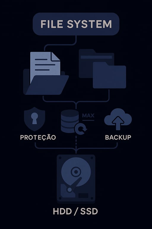 Diagrama que ilustra a estrutura de um sistema de arquivos. No topo, a etiqueta FILE SYSTEM se conecta a ícones de um arquivo e uma pasta. Esses ícones, por sua vez, se conectam a uma camada intermediária que representa um banco de arquivos, com divisões para Proteção e Backup. Na parte inferior, tudo se conecta a um ícone de disco rígido, rotulado como HDD / SSD, representando o armazenamento físico dos dados.