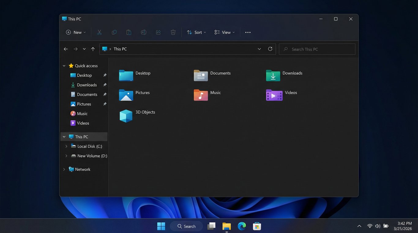 Captura de tela da área de trabalho do Windows 11 no modo escuro, exibindo uma janela do Explorador de Arquivos aberta na seção Este Computador.