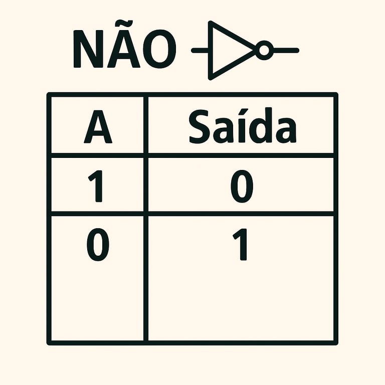 Uma imagem mostrando o símbolo da porta lógica NÃO, NOT, e sua tabela de possibilidades de saída. A tabela tem uma coluna para a entrada A e outra para a Saída, exibindo que a saída é 0 quando a entrada é 1 e a saída é 1 quando a entrada é 0. Ou seja, a saída é sempre o oposto da entrada.