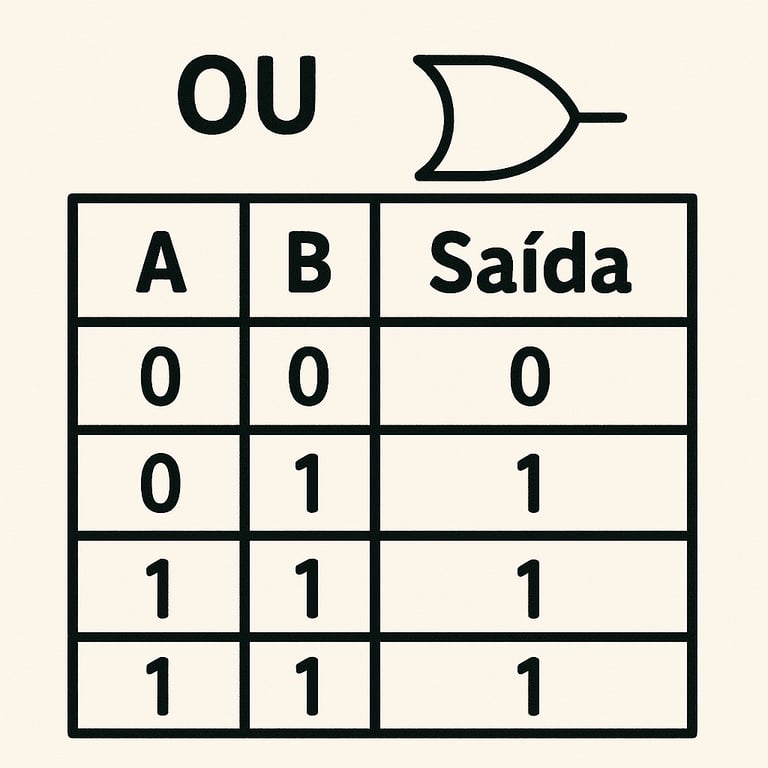 Uma imagem mostrando o símbolo da porta lógica OU, OR, e sua tabela de possibilidades de saída. A tabela tem colunas para as entradas A e B, e para a Saída, exibindo que a saída é 1 quando pelo menos uma das entradas A ou B é 1 se as duas entradas forem 0, a saída é 0.
