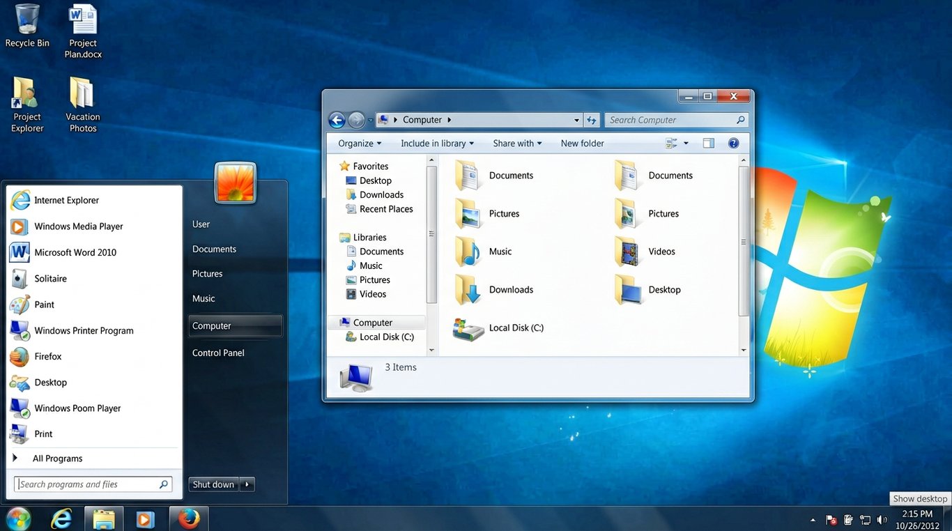 Área de trabalho do Windows 7 com o menu Iniciar aberto e a barra de tarefas visível. O papel de parede é o logo do sistema operacional.