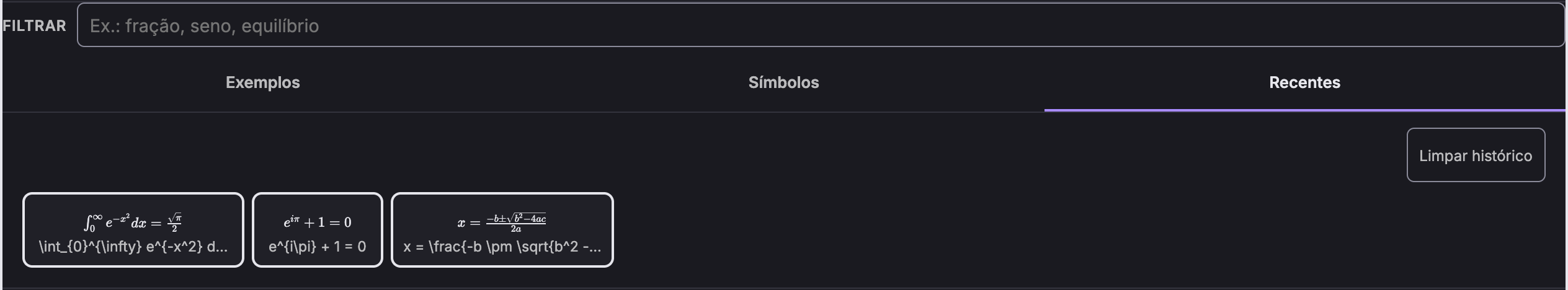 Aba de recentes com três fórmulas guardadas e o botão Limpar histórico.