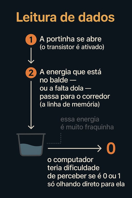 Diagrama em um fundo azul-escuro sobre leitura de dados em memória. Ilustra como um transistor abre, permitindo a passagem de energia.