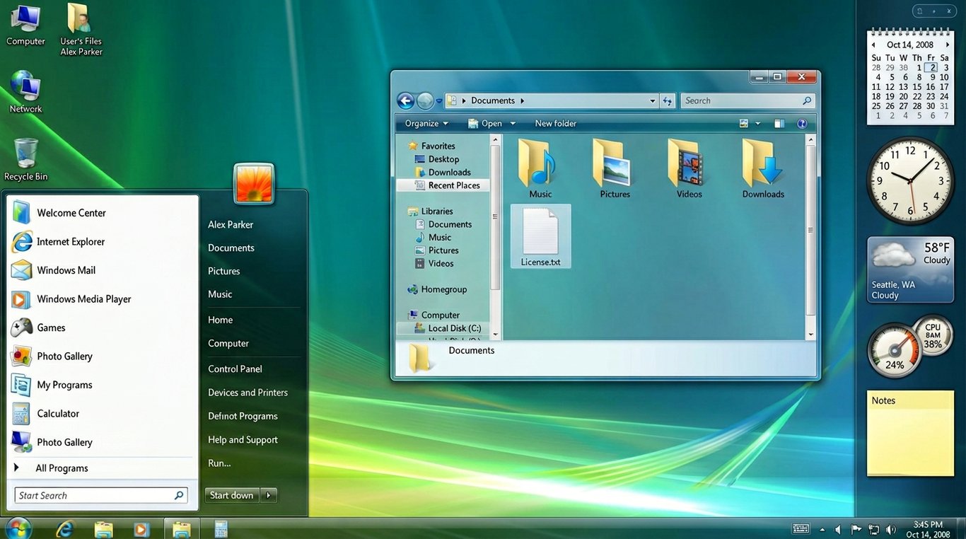 Área de trabalho do Windows Vista com o menu Iniciar e a Central de Boas-Vindas abertos. As janelas têm um design de vidro transparente.