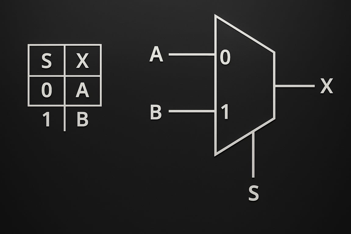 um diagrama de um multiplexador, MUX, com entradas A e B, entrada de seleção S, e saída X. Ao lado, uma tabela verdade correspondente mostra que quando S é 0, a saída X é A, e quando S é 1, a saída X é B.