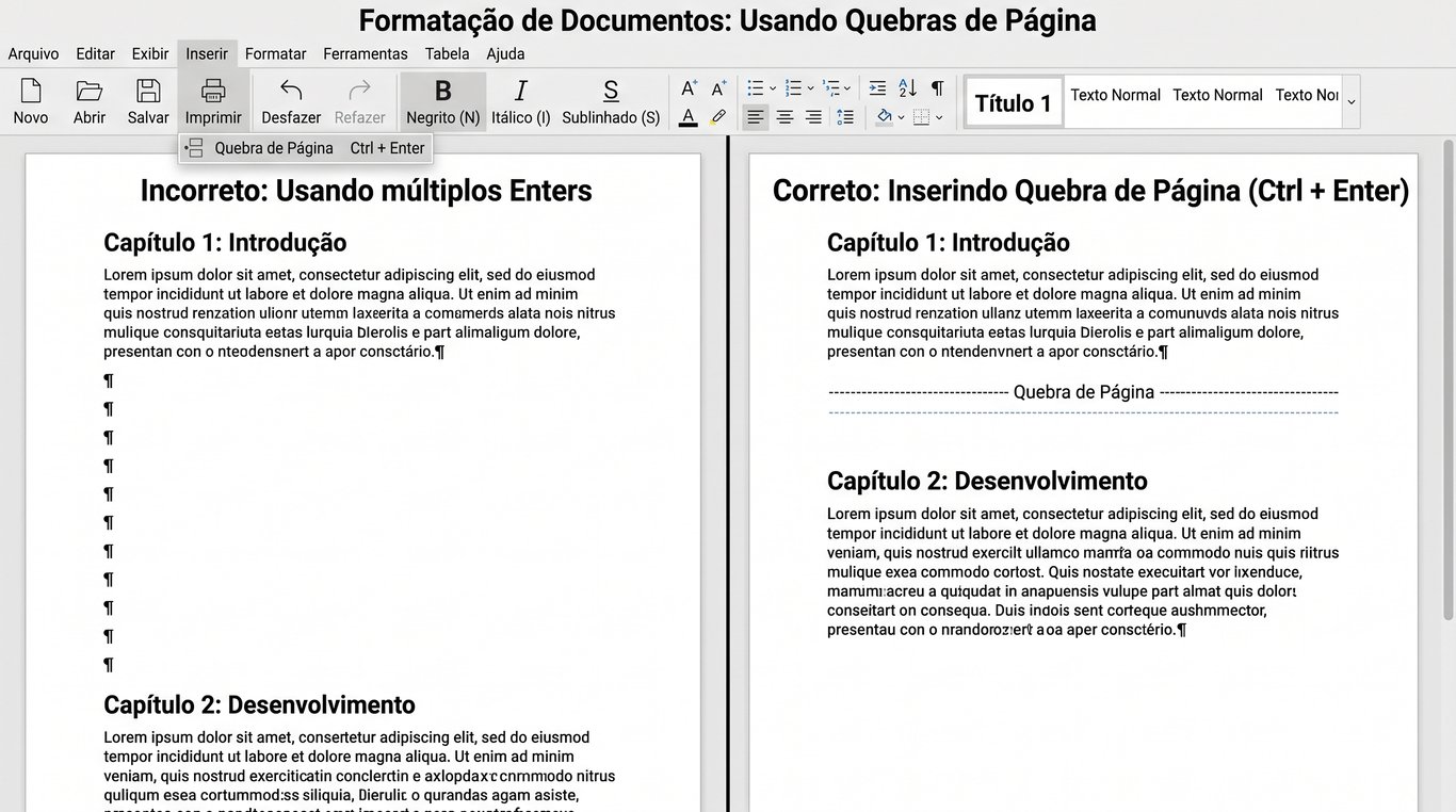 Comparativo em editor de texto. O método incorreto mostra o uso de vários Enters gerando parágrafos vazios para mudar de página, enquanto o correto utiliza a ferramenta de Quebra de Página ou o atalho Ctrl + Enter.