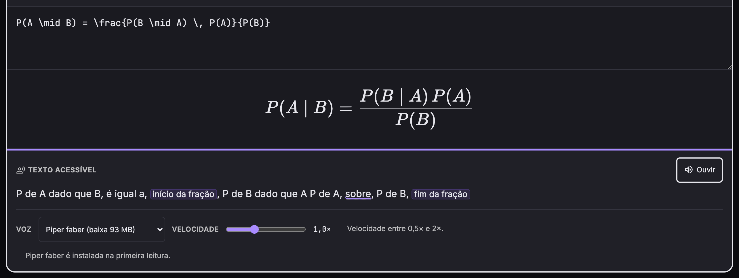 Editor com o teorema de Bayes e a leitura em português usando a expressão dado que.