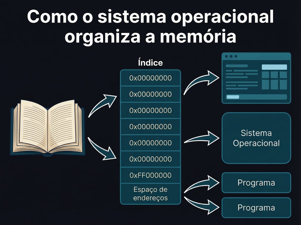 Diagrama que explica como o sistema operacional organiza a memória. À esquerda, um livro aberto simboliza o conteúdo da memória. No centro, uma lista de endereços hexadecimais sob o título Índice e Espaço de Endereços. À direita, um diagrama de blocos de memória, indicando que o Sistema Operacional ocupa a maior parte do espaço de endereços inicial, seguido por dois blocos menores para Programas, cada um com seu próprio espaço de endereço.