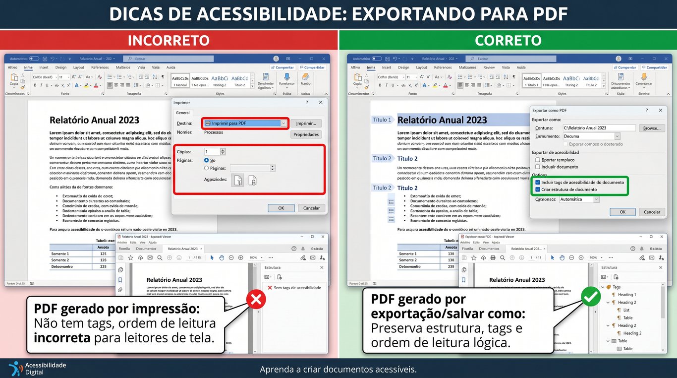 Comparativo de geração de PDF: o método incorreto, usando a opção Imprimir, cria um arquivo sem tags e com ordem de leitura inacessível. O método correto usa Exportar ou Salvar como com a opção de incluir tags de acessibilidade marcada, preservando a estrutura para leitores de tela.