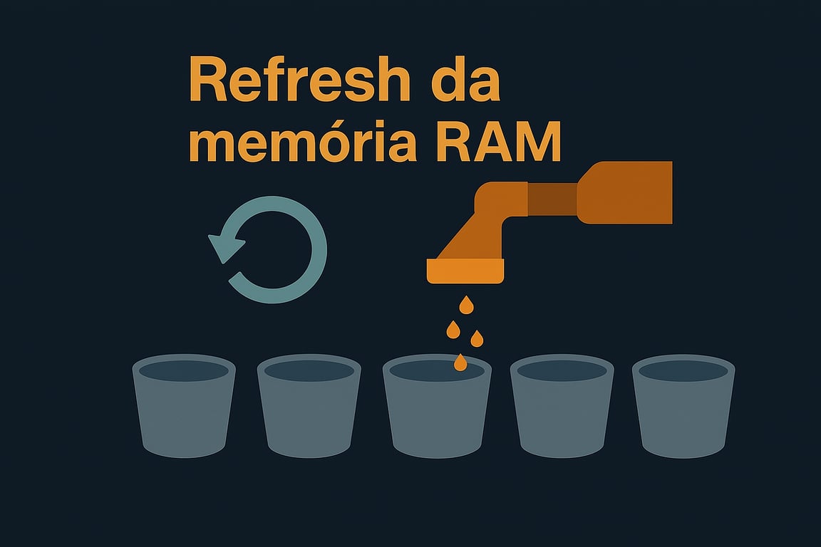 Ilustração sobre o refresh da memória RAM. Uma torneira preenche os baldes de forma cíclica para recarregar os dados.