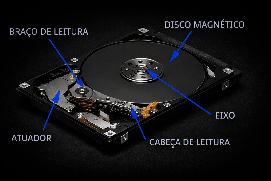 Ilustração dos componentes internos de um HD, incluindo o disco, a agulha de leitura e gravação, o cabeçote e a engrenagem.