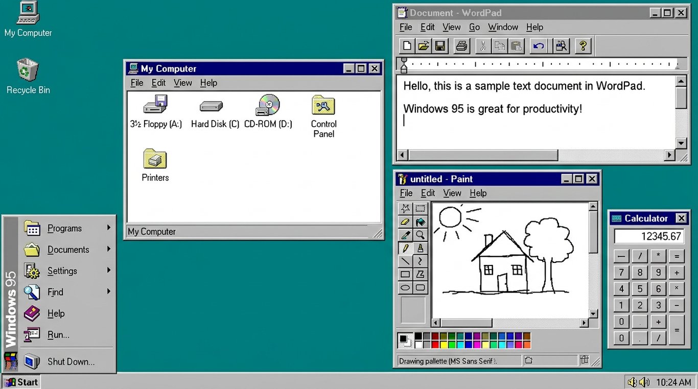 Captura de tela da área de trabalho do Windows 95 clássico, com o Menu Iniciar aberto e janelas dos programas Meu Computador, WordPad, Paint e Calculadora.