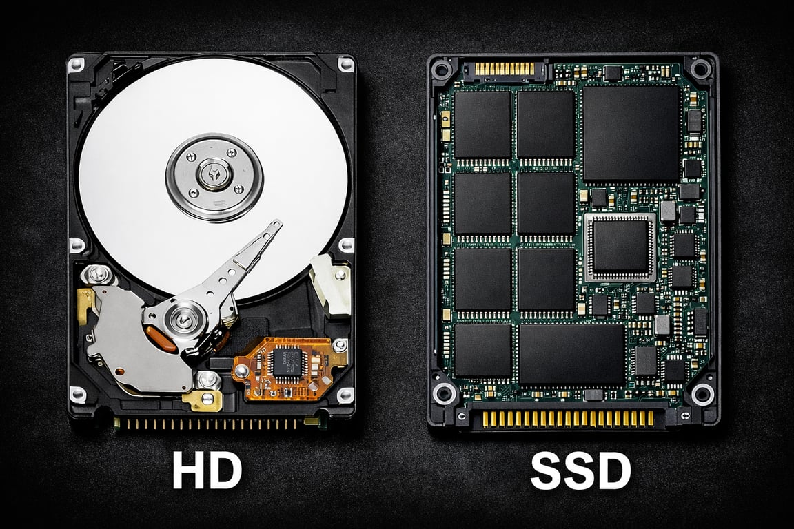 HD e SSD lado a lado, os dois estão abertos, mostrando o disco rígido do HD e as células de memória do SSD. O HD é maior e mais pesado, enquanto o SSD é menor e mais compacto.