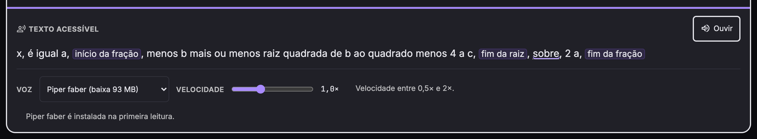 Área de saída com a leitura em português da fórmula de Bhaskara e os marcadores estruturais destacados.