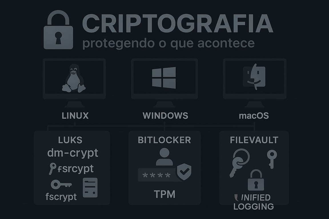 Diagrama que compara as soluções de criptografia em Linux, Windows e macOS. Sob o título Criptografia: protegendo o que acontece, o Linux é associado a LUKS, dm-crypt e fscrypt. O Windows é relacionado a BitLocker, senhas ocultas e TPM. O macOS é conectado a FileVault, chaves, cadeados e Unified Logging. Cada sistema operacional é representado pelo seu respectivo ícone ou mascote.
