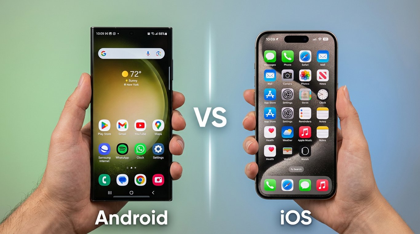 Duas mãos seguram lado a lado um smartphone Samsung e um iPhone, mostrando as diferenças entre os sistemas operacionais Android e iOS. O Samsung exibe a interface do Android com uma tela inicial personalizada, enquanto o iPhone mostra a interface do iOS com seus ícones organizados em uma grade.