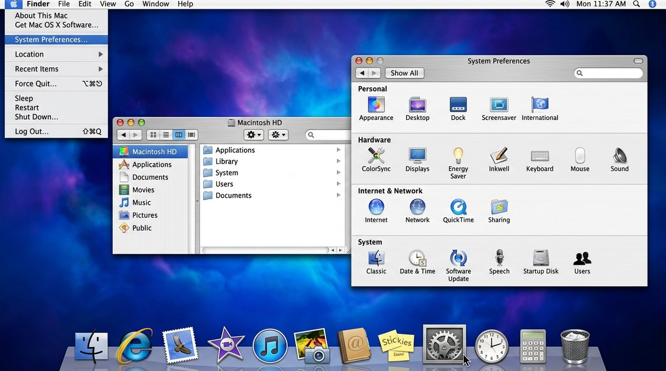 Captura de tela da interface clássica do Mac OS X tema Aqua, mostrando o Menu Apple aberto, uma janela do Finder e o painel de Preferências do Sistema.