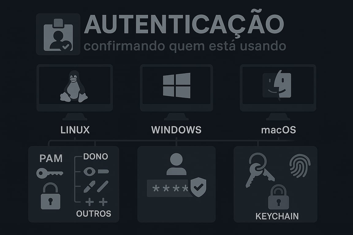 Diagrama que compara a autenticação de usuário em Linux, Windows e macOS. O Linux, com seu pinguim mascote, é representado com a sigla PAM, que se conecta a um cadeado, uma chave e um ícone de hierarquia de dono e outros. O Windows, com seu logo, é ilustrado com um ícone de usuário, um campo de senha ofuscado com asteriscos e um visto de confirmação. O macOS, com seu ícone, é representado por um cadeado, chaves, uma impressão digital e o termo Keychain. O diagrama geral está sob o título Autenticação: confirmando quem está usando.