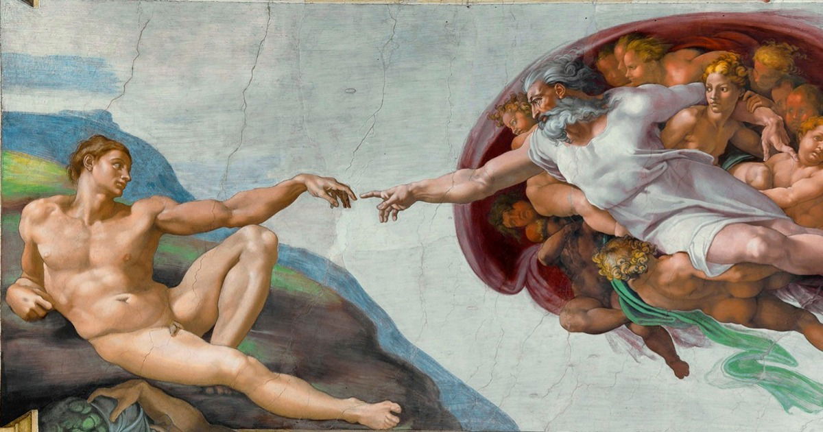 Detalhe do afresco A Criação de Adão, de Michelangelo, pintado no teto da Capela Sistina. A imagem mostra Adão reclinado à esquerda, estendendo sua mão para tocar a de Deus, que aparece à direita, cercado por anjos. A cena representa o momento em que Deus dá vida a Adão por meio do toque dos dedos. A composição é icônica por sua profundidade artística e significado religioso.
