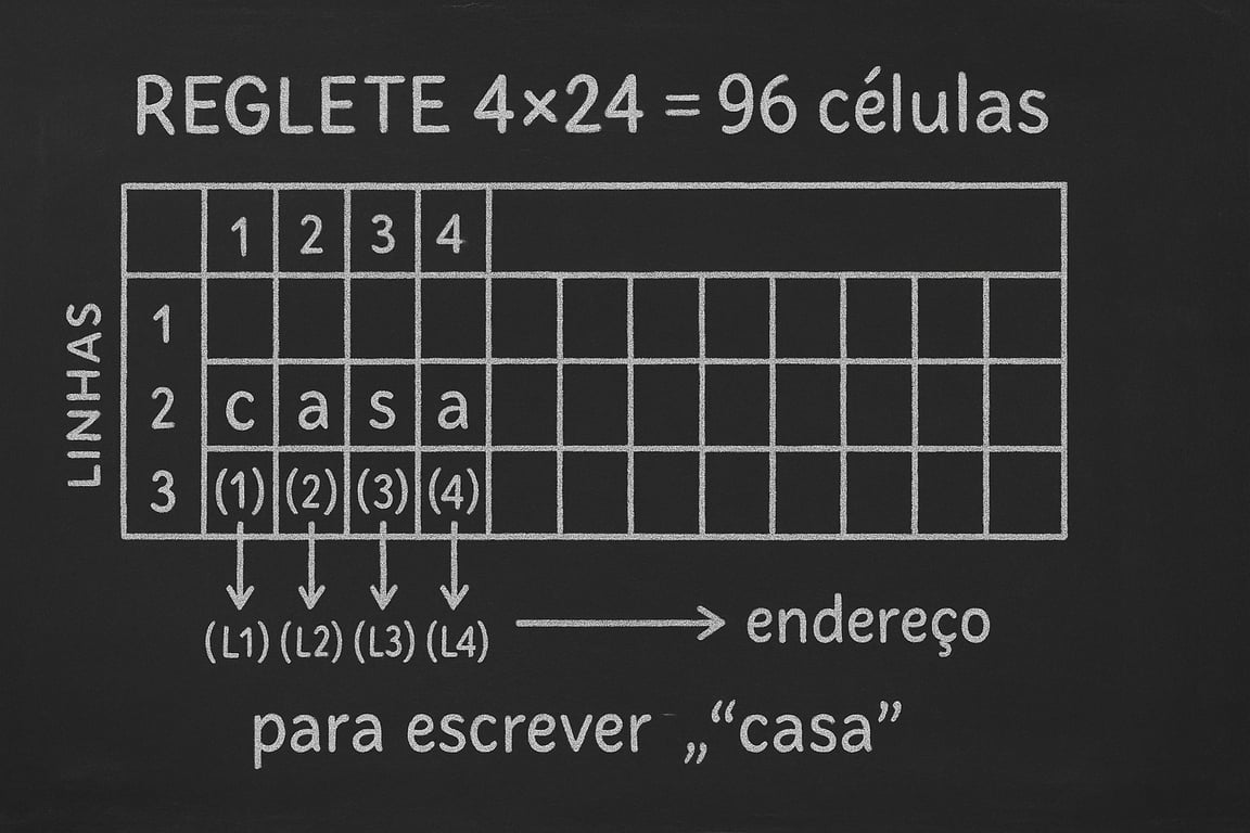 Um diagrama em um quadro-negro que ilustra uma reglete Braille de 96 células, mostrando como a palavra casa é escrita e endereçada usando coordenadas de linha e coluna, explicando o conceito de endereçamento de células.
