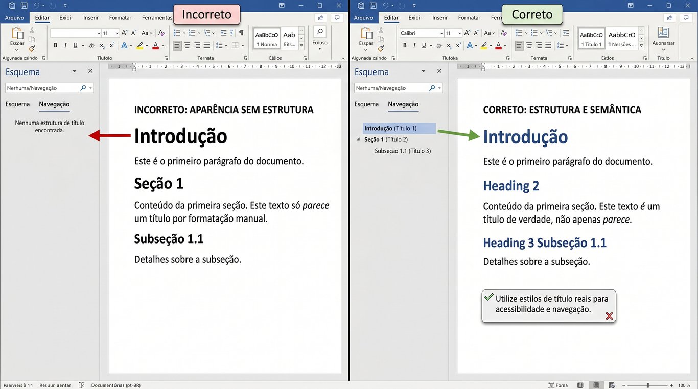 Comparativo no Microsoft Word entre a formatação visual manual que não gera estrutura no painel de navegação, enquanto o uso correto de estilos de título cria uma hierarquia navegável e acessível.