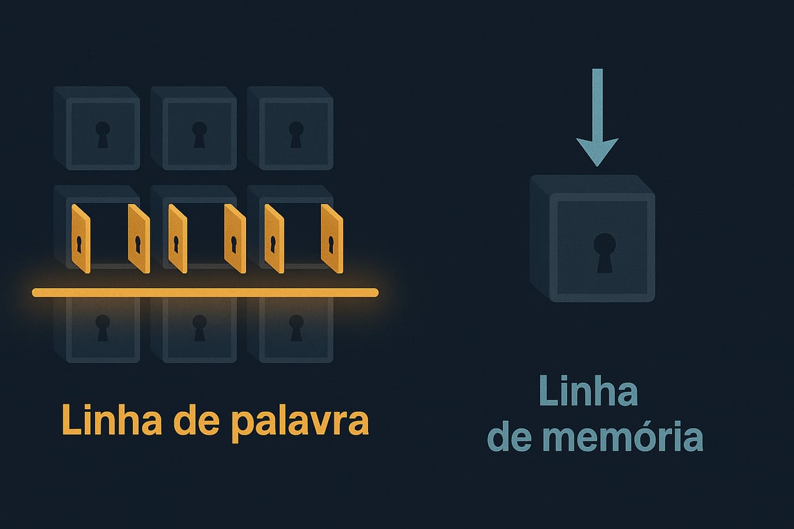 Ilustração que mostra as linhas de controle da memória RAM, com a linha de palavra e a linha de memória, explicando como elas trabalham juntas para acessar as células de memória. São duas matrizes de chaves: uma linha de palavra com 6 chaves abertas, conectada a uma linha de memória, chave única.
