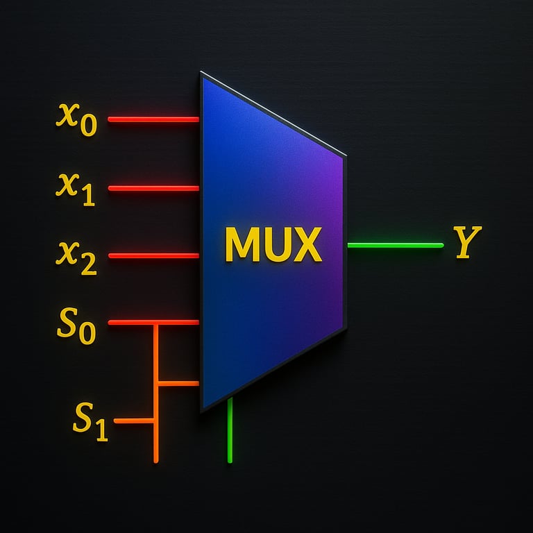 Uma representação visual de um multiplexador com quatro entradas de dados, x0, x1, x2 e x3, duas entradas de seleção, S0 e S1, e uma única saída Y, ilustrando como o MUX seleciona uma das entradas de dados.