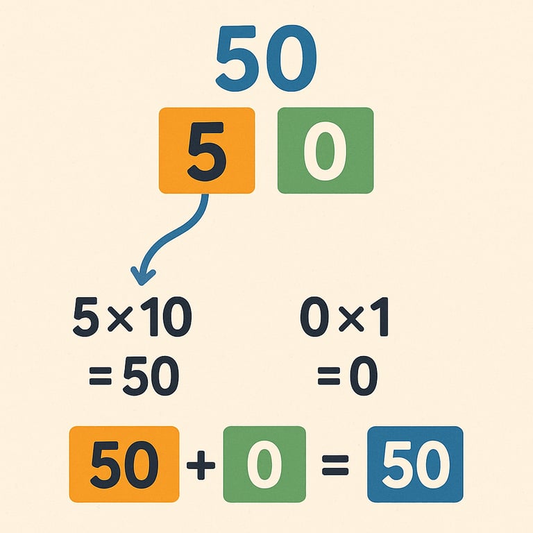 Uma ilustração colorida que demonstra o valor posicional do número 50, o dígito 5 na cor laranja é mostrado como 5 vezes 10 igual a 50, e o dígito 0 na cor verde é mostrado como 0 vezes 1 igual a 0, somando para formar 50 mais 0 igual a 50.