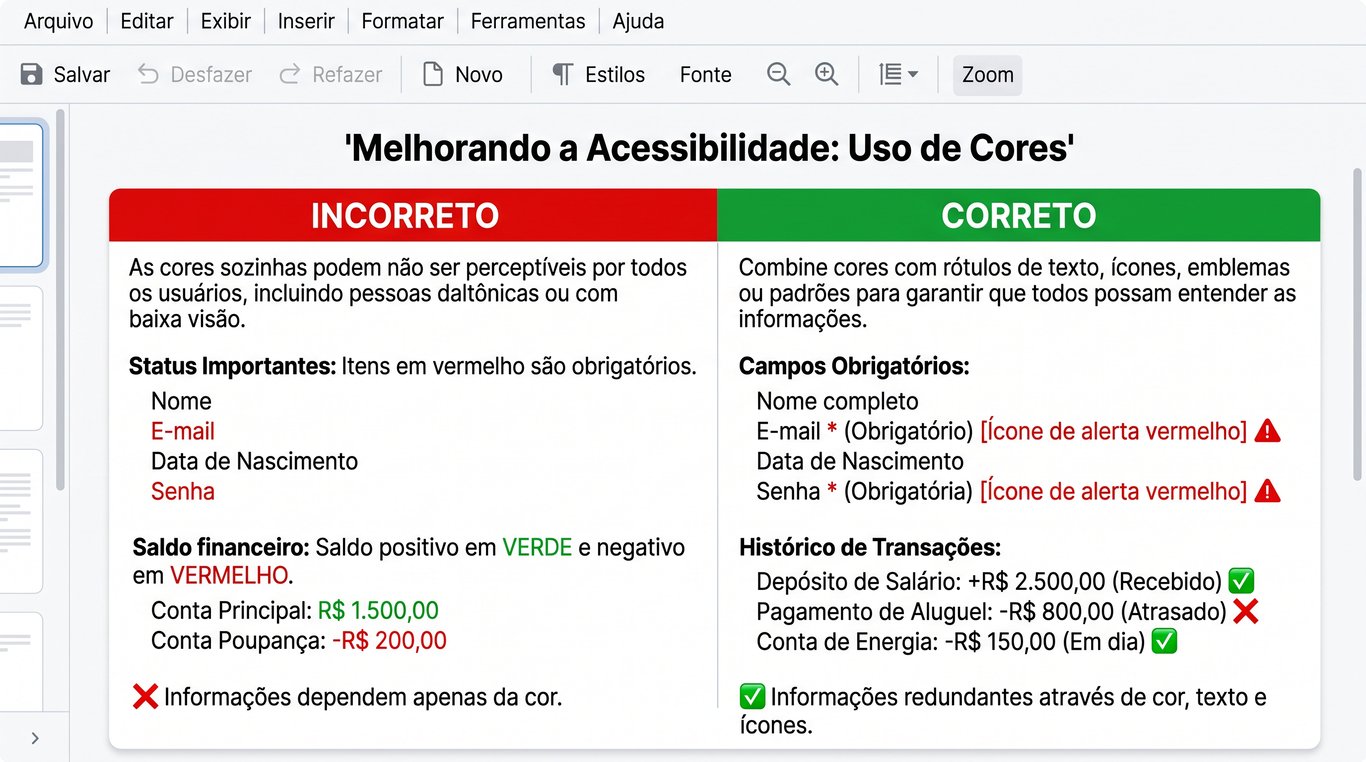 Comparativo de acessibilidade: o exemplo incorreto usa apenas fontes vermelhas e verdes para indicar status e saldos, enquanto o correto adiciona asteriscos, textos explicativos e ícones para que a informação seja compreendida sem depender da visão de cores.