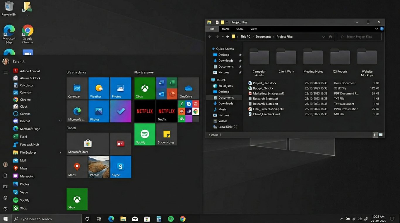 Captura de tela da área de trabalho do Windows 10 no modo escuro, exibindo o Menu Iniciar e uma janela do Explorador de Arquivos abertos.