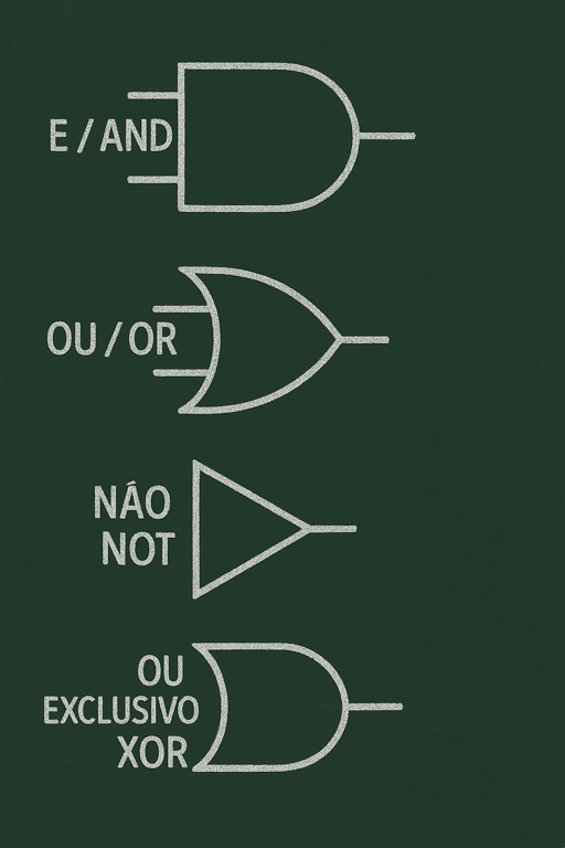 Ilustração exibindo os símbolos de portas lógicas digitais comuns AND, OR, NOT, XOR em uma superfície que lembra um quadro-negro. A primeira porta se chama AND, e ela parece a letra D maiúscula, daquelas que a gente desenha no papel, com a parte reta para o lado esquerdo e a curva para o lado direito. Ela tem dois lugares por onde a energia pode entrar, e só um lugar por onde ela pode sair. A próxima porta é a OR, que parece um escudo de cavaleiro ou uma fatia de melancia cortada no meio, com a parte curva para trás e a pontinha para a frente. Assim como a AND, ela também tem dois lugares para a energia entrar e um para sair. Depois, temos a porta NOT, que é um triângulo apontando para a direita, como uma seta. Ela tem uma bolinha pequena bem na ponta, no lugar de onde a energia sai, e um lugar para a energia entrar na parte de trás. Por último, tem a porta XOR, que é parecida com a OR aquela do escudo ou melancia. A diferença é que a XOR tem uma linha extra, uma barreira curva, bem na frente dos lugares por onde a energia entra. Ela também tem dois lugares para entrar e um para sair.