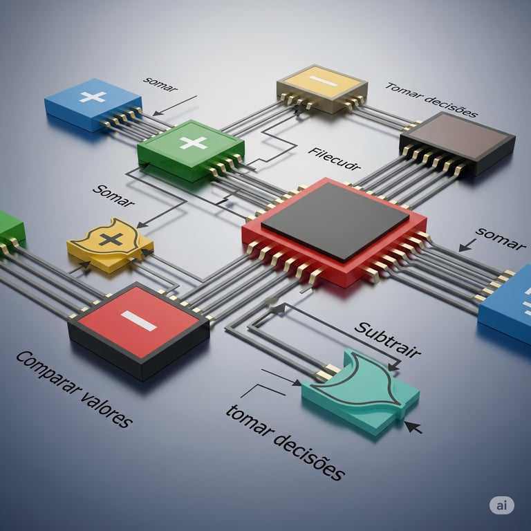 Um conjunto de circuítos coloridos conectados por fios, cada um rotulado com funções como somar, subtrair, comparar valores, tomar decisões e filtrar, simbolizando operações lógicas e de processamento.