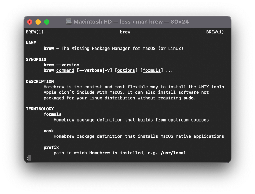 Terminal do macOS Sonoma exibindo a página de manual (man page) do Homebrew, com a descrição do gerenciador de pacotes e suas opções principais.