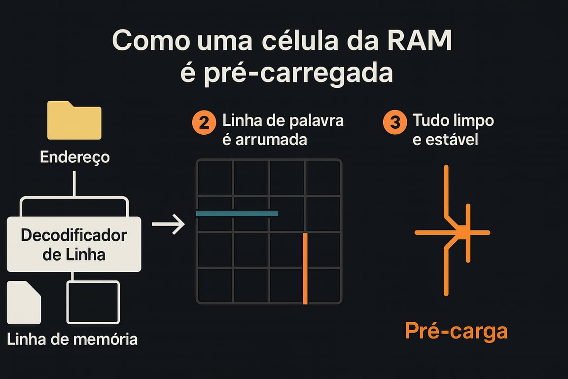 Diagrama do pré-carregamento de uma célula RAM: um decodificador de linha usa um endereço para arrumar a linha de palavra, deixando-a limpa para o pré-carregamento.