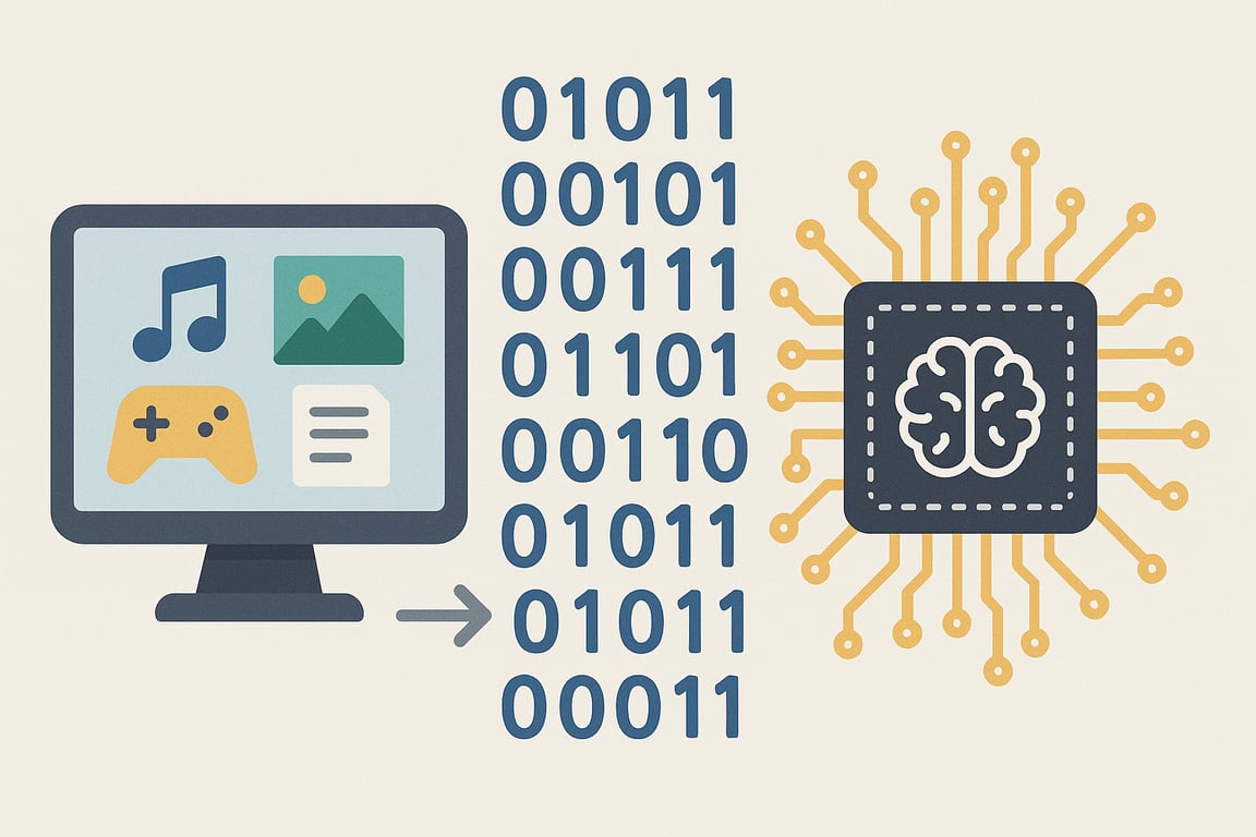 Ilustração com uma tela que mostra ícones de mídia e é convertida para números binários processados por um chip.