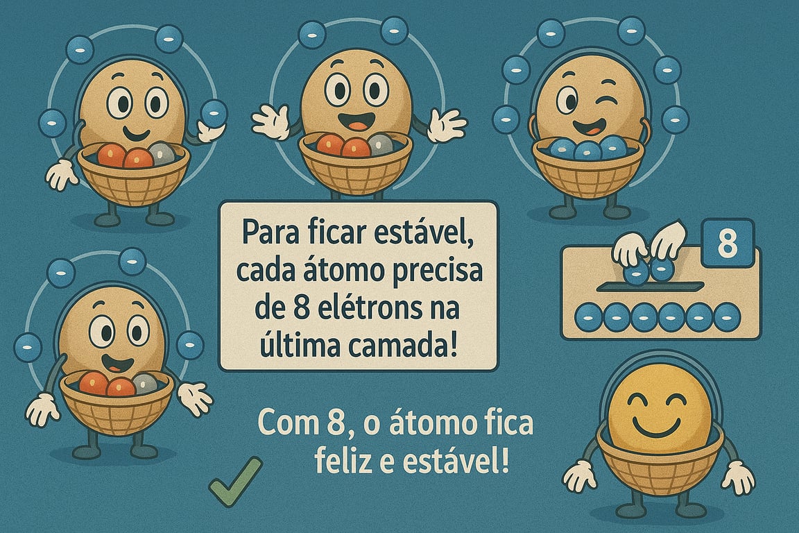 Ilustração da regra do octeto, mostrando como os átomos se unem para completar 8 elétrons na camada mais externa.