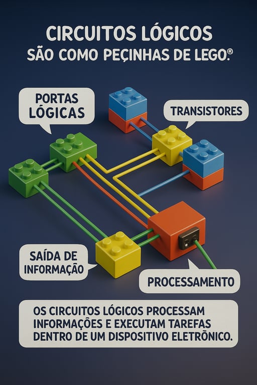 Uma ilustração que compara circuitos lógicos a peças de LEGO, mostrando blocos coloridos interconectados que representam Portas Lógicas, Transistores, Processamento e Saída de Informação, com texto explicando que circuitos lógicos processam informações e executam tarefas dentro de um dispositivo eletrônico.