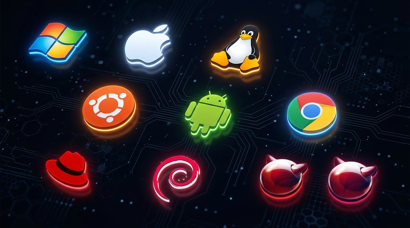 Logotipos de sistemas operacionais com efeito brilhante sobre um fundo escuro de placa de circuito. Estão organizados em três fileiras: na parte superior estão Windows, Apple e Linux; no meio estão Ubuntu, Android e Google Chrome; e na parte inferior estão Red Hat, Debian e dois ícones do FreeBSD.