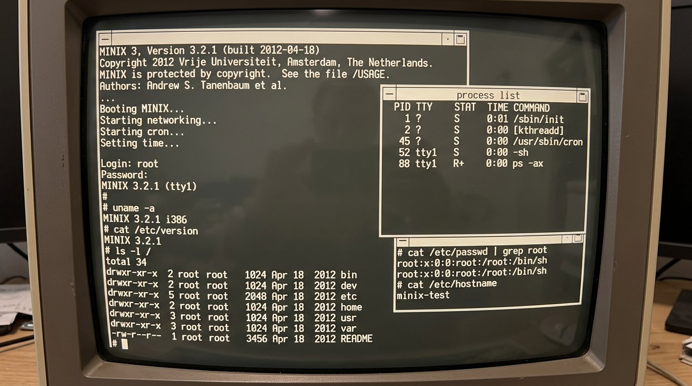 Monitor CRT exibindo a interface baseada em texto do sistema operacional MINIX 3, mostrando um sistema de janelas rudimentar com comandos de terminal sendo executados.