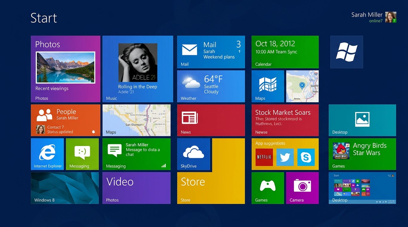 Tela inicial do sistema operacional Windows 8, com a interface em formato de blocos coloridos para acesso a aplicativos e funcionalidades.
